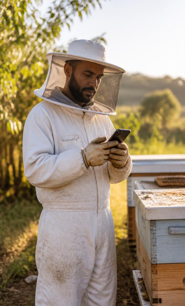 Apicultor usando o Apiário 360 no celular ao lado das colmeias