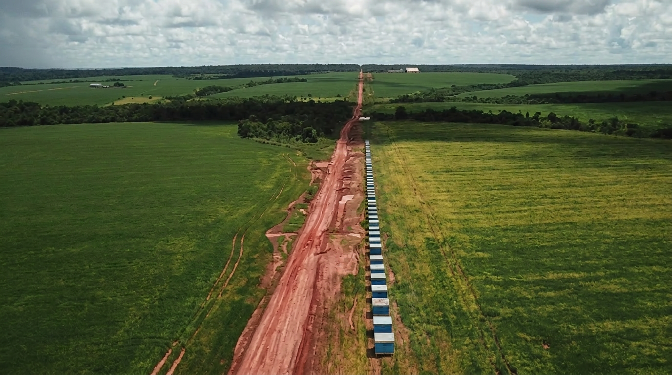 Vista aérea de colmeias azuis distribuídas em lavoura de soja
